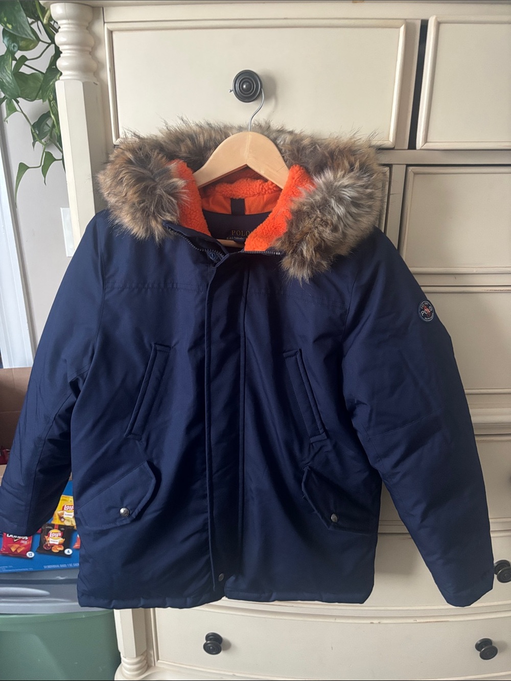 Polo by Ralph Lauren Navy Jacket with Orange Sherpa and Faux-Fur Trim